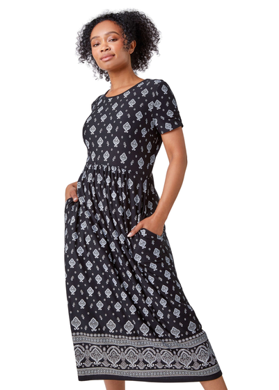 Roman Black Petite Border Print Stretch Midi Dress