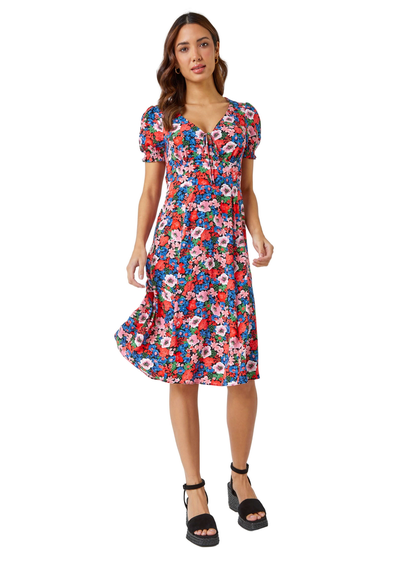 Roman Red Frill Sleeve Floral Tea Dress