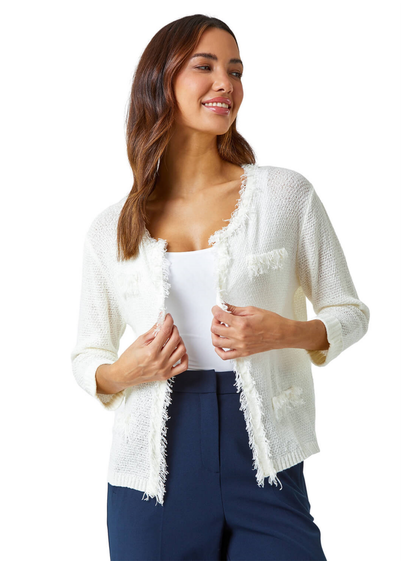 Roman Ivory Short Textured Boucle Cardigan