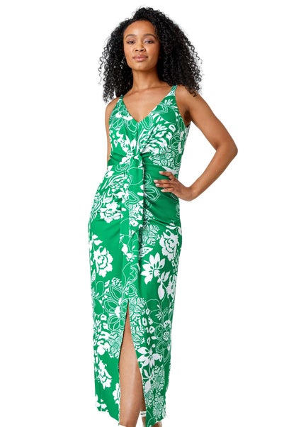 Roman Green Petite Floral Knot Stretch Maxi Dress