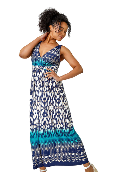 Roman Teal Petite Sleeveless Aztec Maxi Stretch Dress