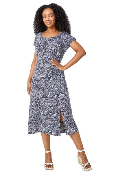 Roman Blue Petite Leaf Print Midi Stretch Dress