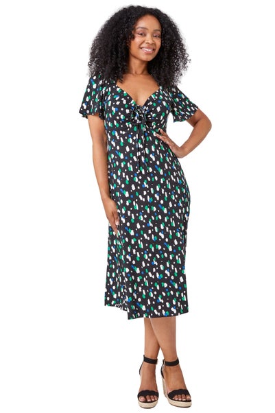 Roman Black Petite Spot Ruched Stretch Midi Dress