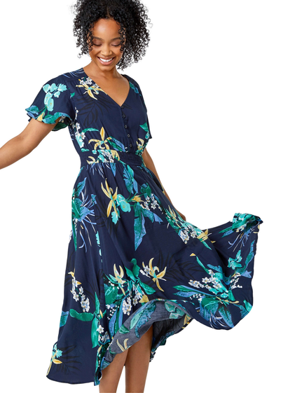 Roman Navy Petite Floral Shirred Midi Dress