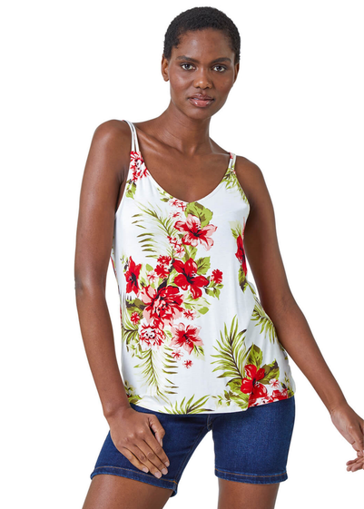 Roman Ivory Tropical Print V-Neck Strap Detail Cami Top