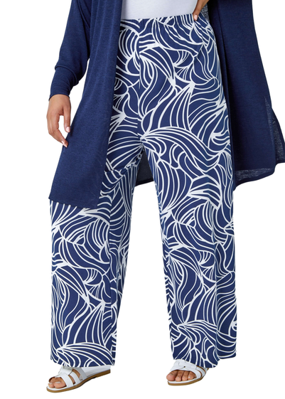 Roman Navy Curve Linear Print Palazzo Trousers