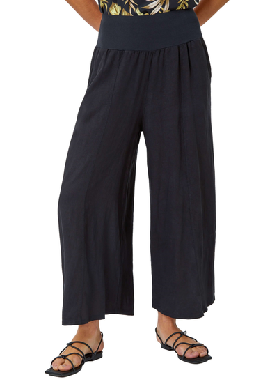 Roman Black Linen Blend Stretch Waist Culottes