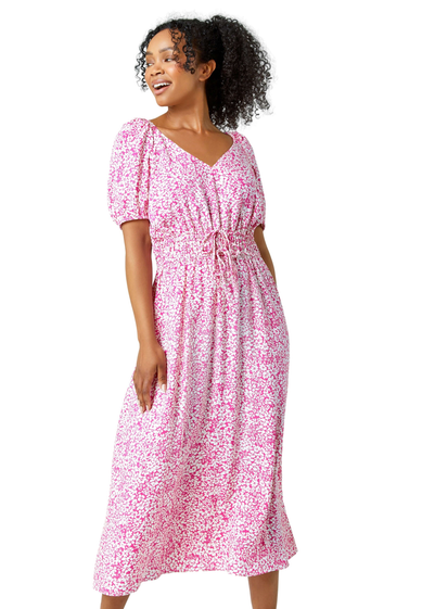 Roman Pink Petite Ditsy Floral Stretch Midi Dress