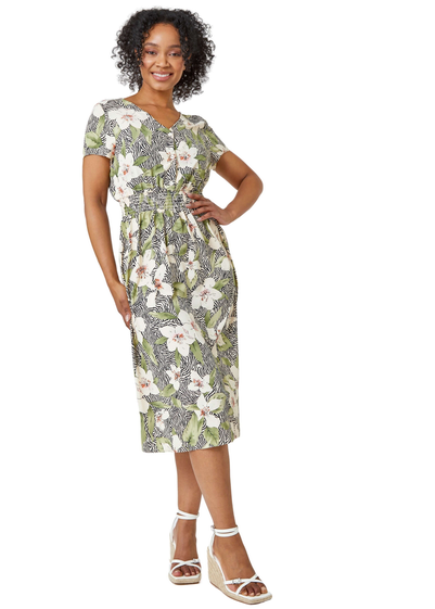 Roman Khaki Petite Floral Print Midi Dress