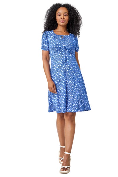 Roman Royal Blue Petite Ditsy Floral Tie Neck Dress