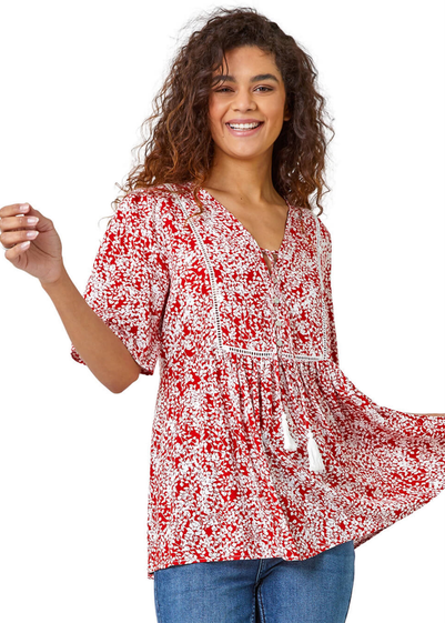 Roman Red Ditsy Floral Tie Smock Top