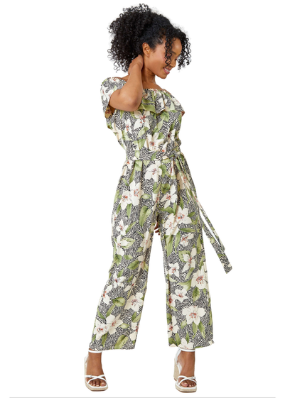 Roman Khaki Petite Floral Print Bardot Jumpsuit