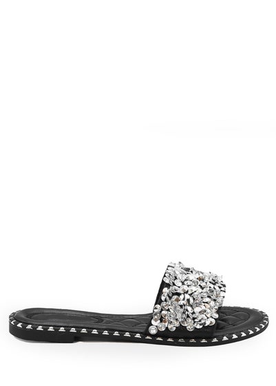 Where's That From Black Poppy Wide Fit PU Diamante Sliders