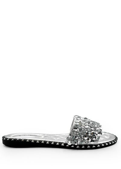 Where's That From Silver Poppy Wide Fit Diamante Sliders