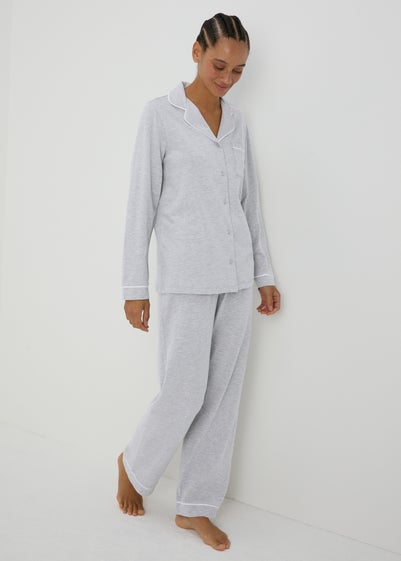 Grey Button Through Shirt Pyjama Set