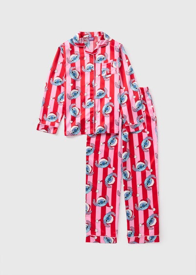 Disney Girls Pink Christmas Stitch Satin Pyjama Set (4-12yrs)