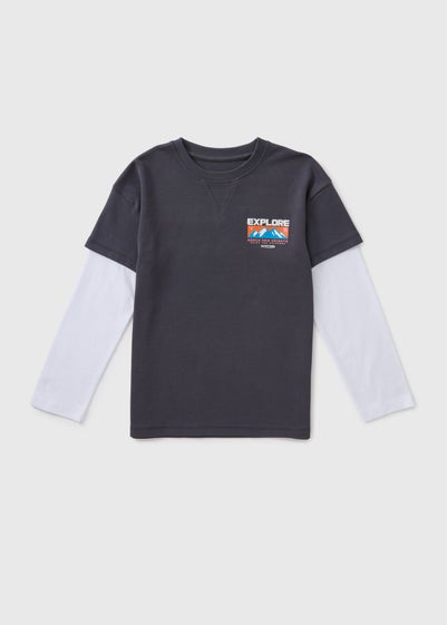 Boys Grey Mountain Print Mock Sleeve T-Shirt (7-15yrs)