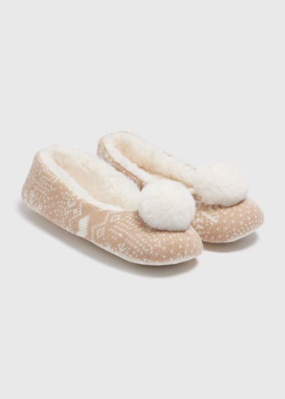 Beige Fairisle Pom Ballet Slippers