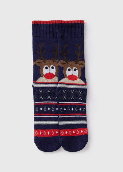 Navy Reindeer Slipper Socks