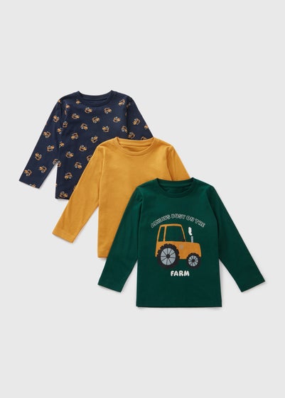 3 Pack Boys Yellow Tractor Long Sleeved T-Shirts (1-7yrs)