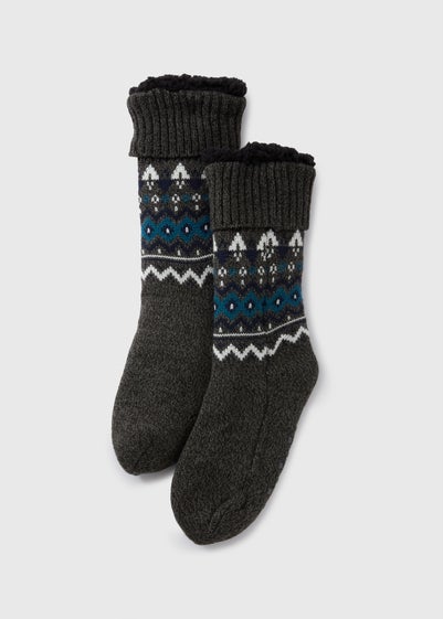 Grey Fairisle Borg Lined Thermal Socks