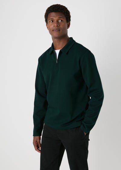 Green Textured Zip Collar Polo Shirt