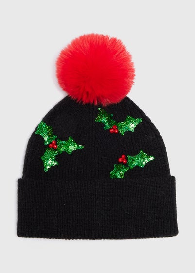 Black Christmas Holly Beanie