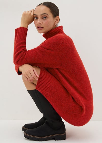 Red Roll Neck Knitted Midi Dress