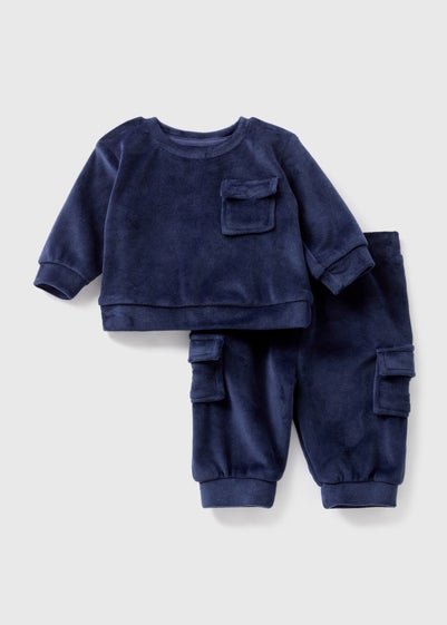 Baby Navy Velour Sweatshirt & Jogging Bottoms Set (Newborn-23mths)