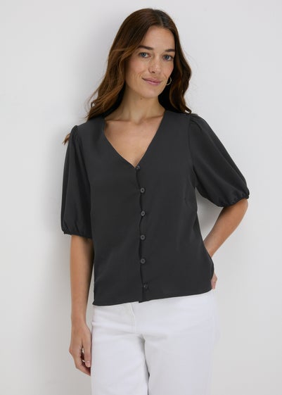 Black V-Neck Button Front Blouse