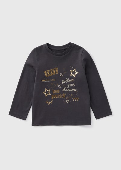 Girls Charcoal Slogan Embellished Long Sleeve Top (1-7yrs)