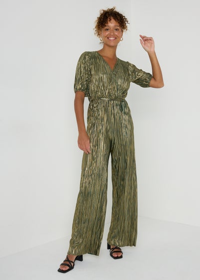 Green Metallic Plisse Jumpsuit