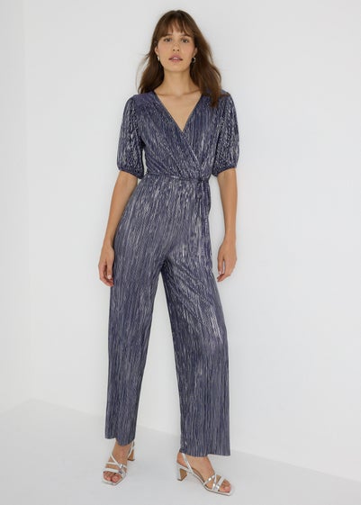 Navy Metallic Plisse Jumpsuit