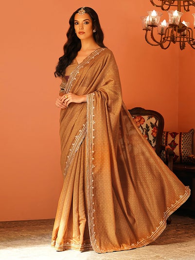 Women Brown Gota Embroidered Silk Cotton Saree