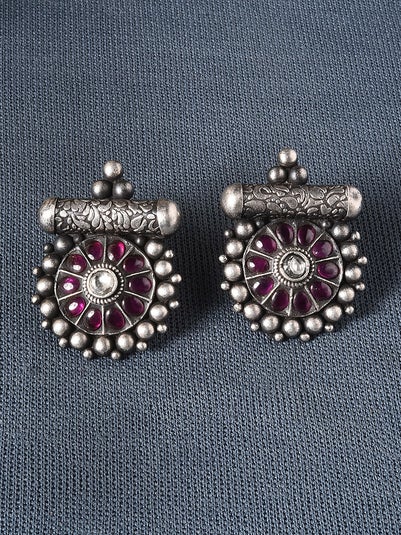 Women Pink Kempstone Encrusted Tribal Silver Earrings