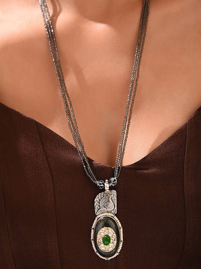 Women Labradorite Dual Tone Tribal Silver Necklace with Emerald and Smoky Quartz