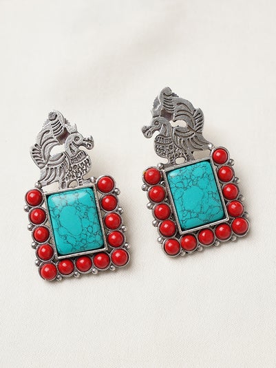 Women Blue Red Silver Tone Earrings