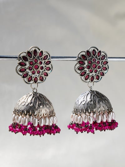 Women Red Silver Tone Jhumki Earrings