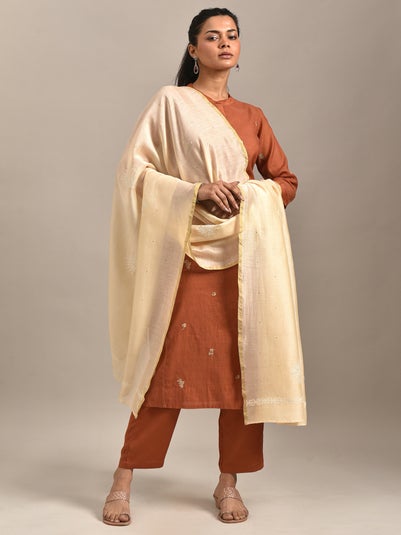 Women Beige Brown Cotton Silk Chikankari Dupatta