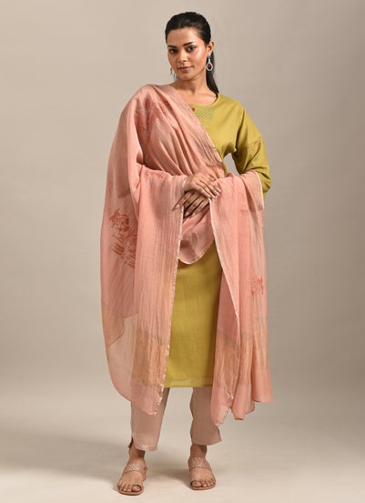 Women Pink Cotton Silk Embroidered Dupatta