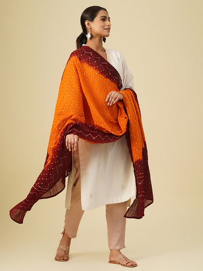 Women Mustard Bnadhani Cotton Dupatta