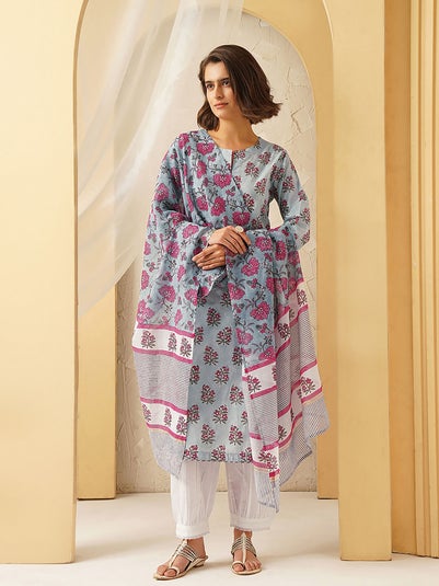 Women Multicolor Block Printed Silk Cotton Dupatta