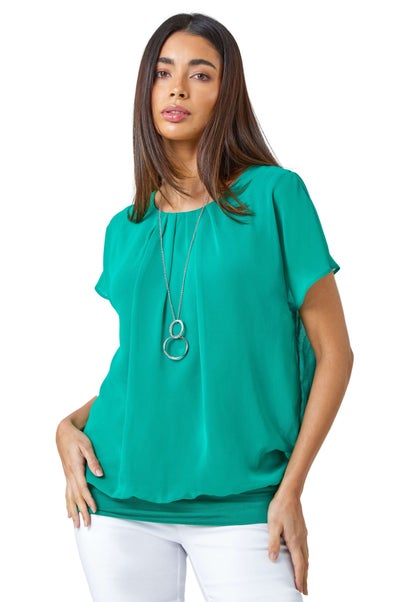 Roman Jade Chiffon Jersey Blouson Top with Necklace