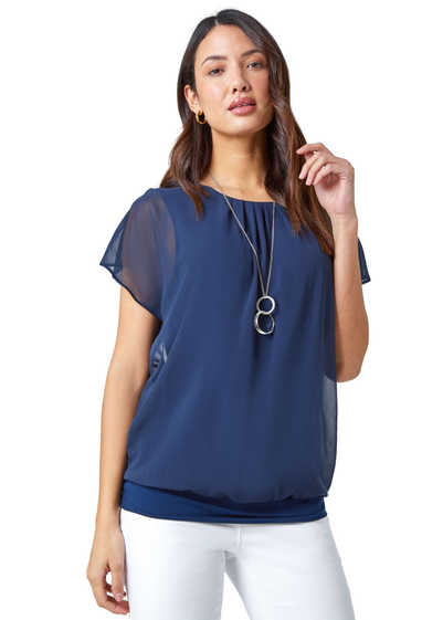 Roman Navy Chiffon Jersey Blouson Top with Necklace