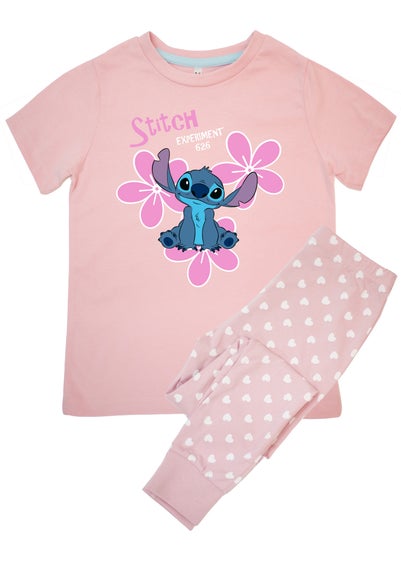 Disney Stitch Flowers Girls Baby Pink Hearts Pyjamas (3-8 Years)