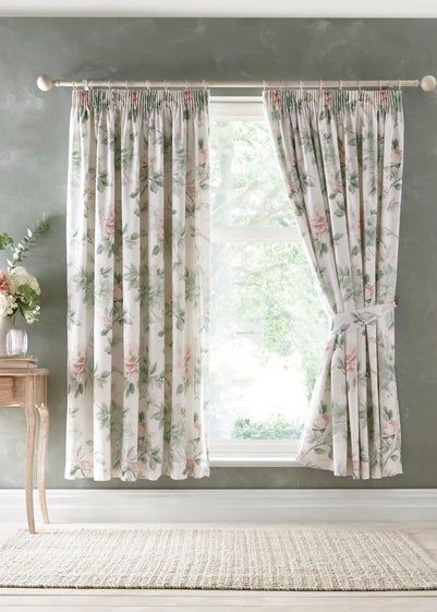 Appletree Heritage Campion Sateen Green Pencil Pleat Curtains With Tie-Backs - 66W X 72D (168x183cm)