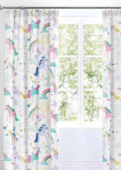 Bedlam Rainbow Unicorn White Pencil Pleat Curtains