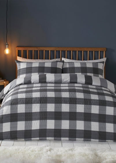 Fusion Seersucker Gingham Check Brushed Cotton Grey Duvet Cover Set