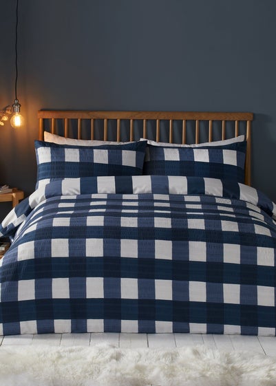 Fusion Seersucker Gingham Check Brushed Cotton Navy Duvet Cover Set