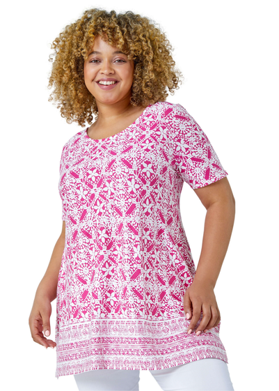 Roman Pink Curve Tile Print Stretch Top